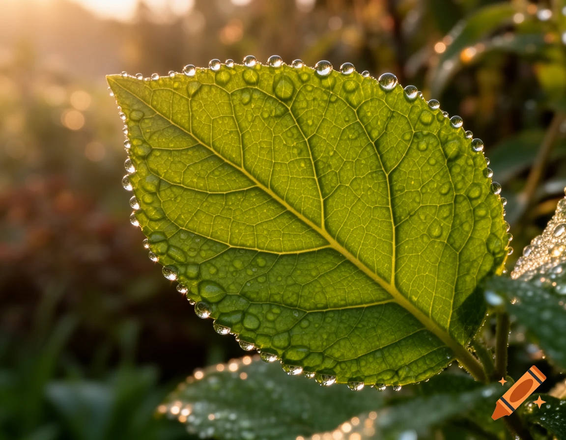 A vibrant green leaf covered in sparkling dewdrops, backlit by the golden sun in a photorealistic close-up.