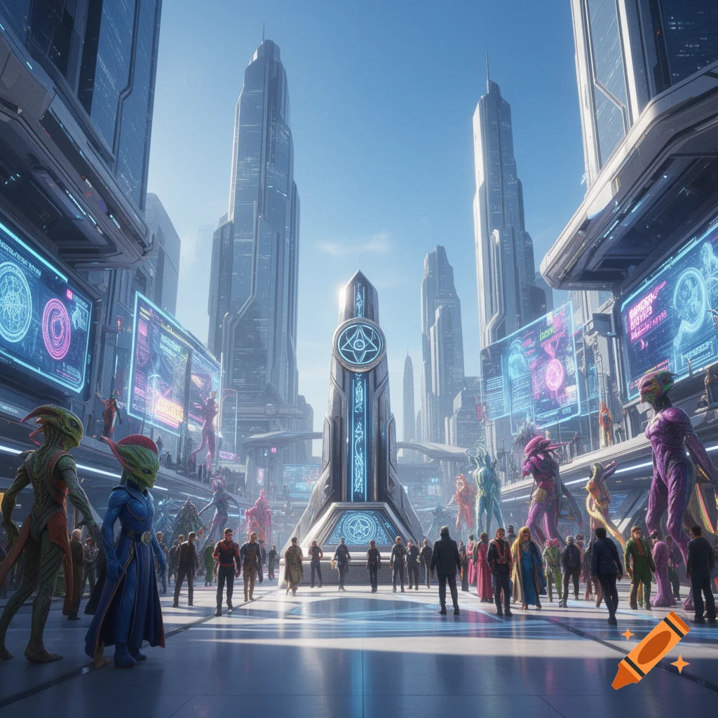 A vibrant, futuristic city with towering skyscrapers, a central monument, and a diverse crowd of aliens and people on a wide plaza.