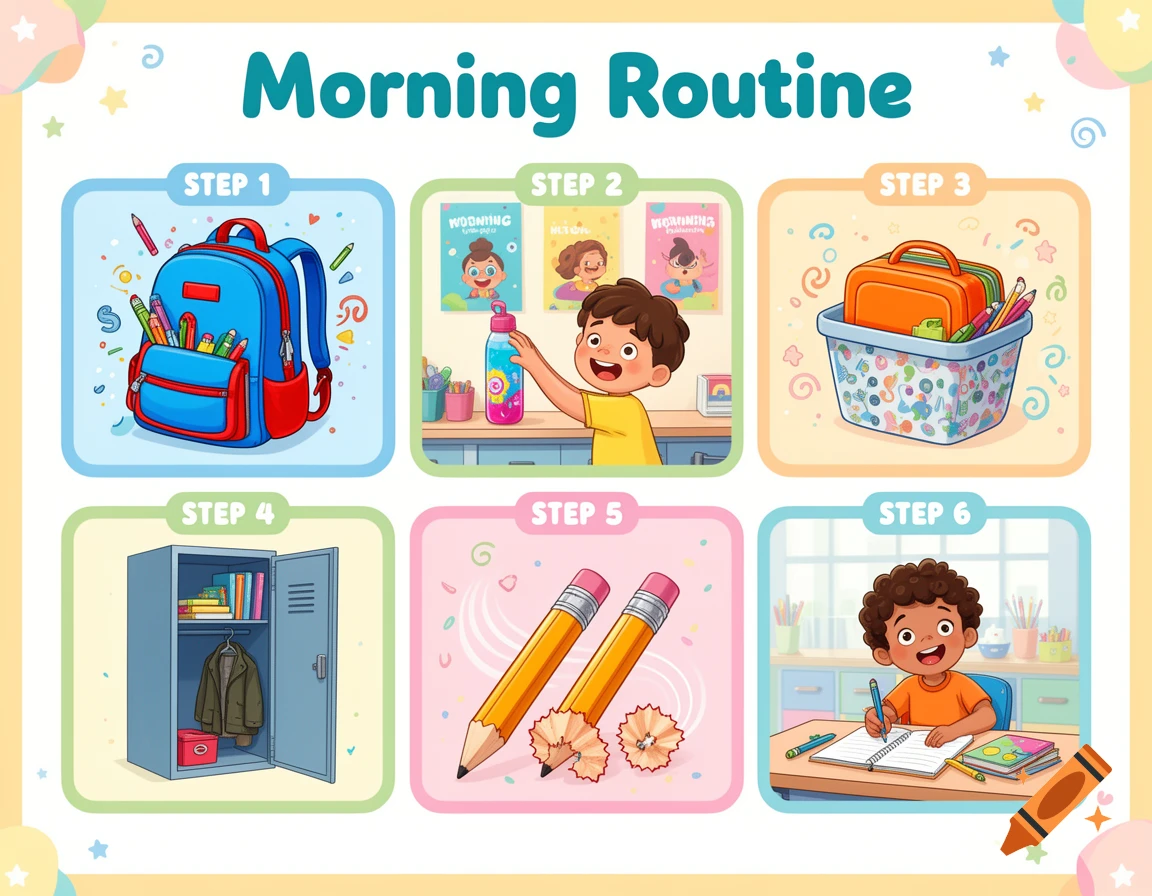 Cartoon chart illustrating a child's 6-step morning routine: packing a backpack, grabbing a water bottle, a lunchbox, an open locker, sharpening pencils, and doing schoolwork.