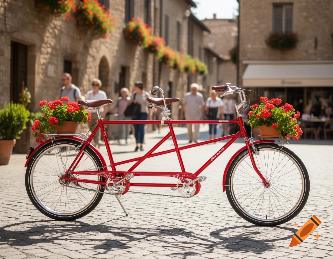 A red tandem bicycle adorned with pots of red flowers, parked on a cobblestone street in a sunny European town.