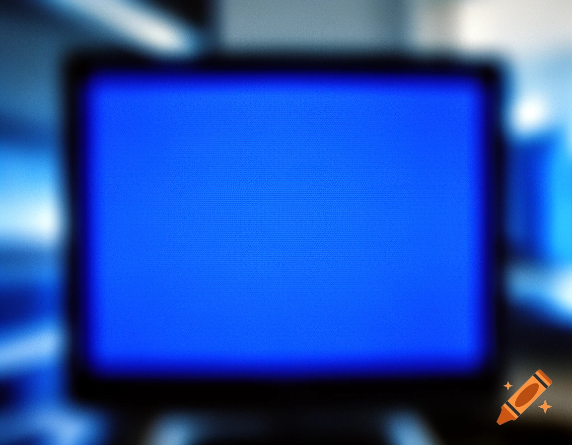 A blurry blue screen with a subtle pixelated texture, set against a dark, blurred background.