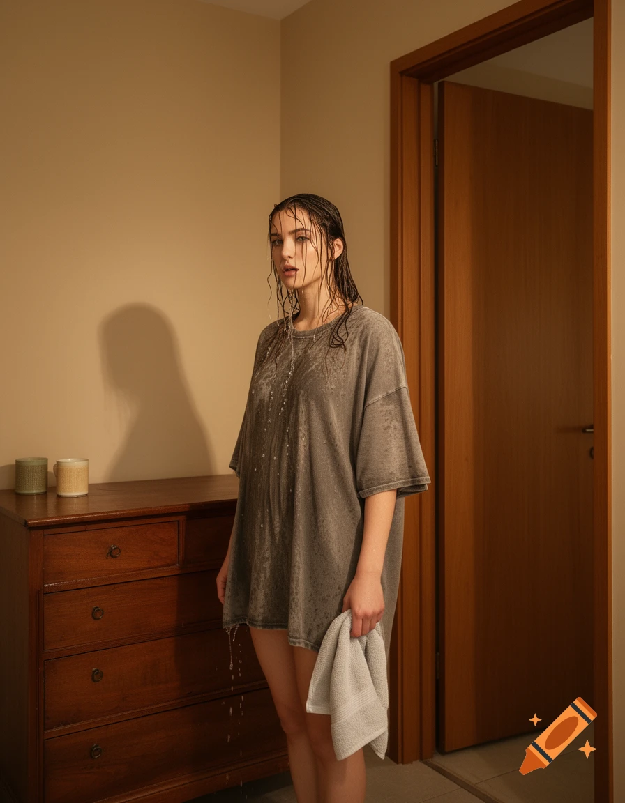 A woman with wet hair and an oversized wet t-shirt holds a towel, water dripping from her clothes, standing next to a wooden dresser and an open door indoors.