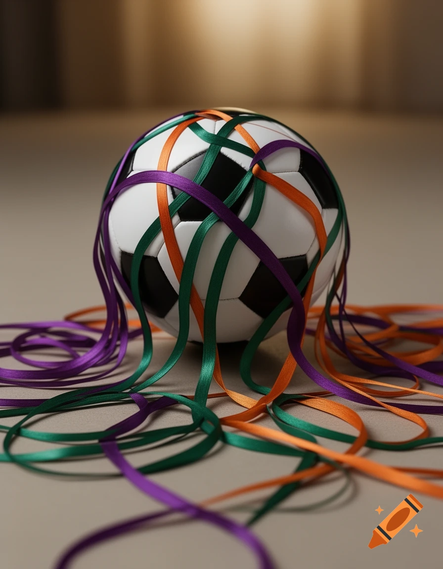 A black and white soccer ball wrapped with flowing green, purple, and orange ribbons on a neutral background.