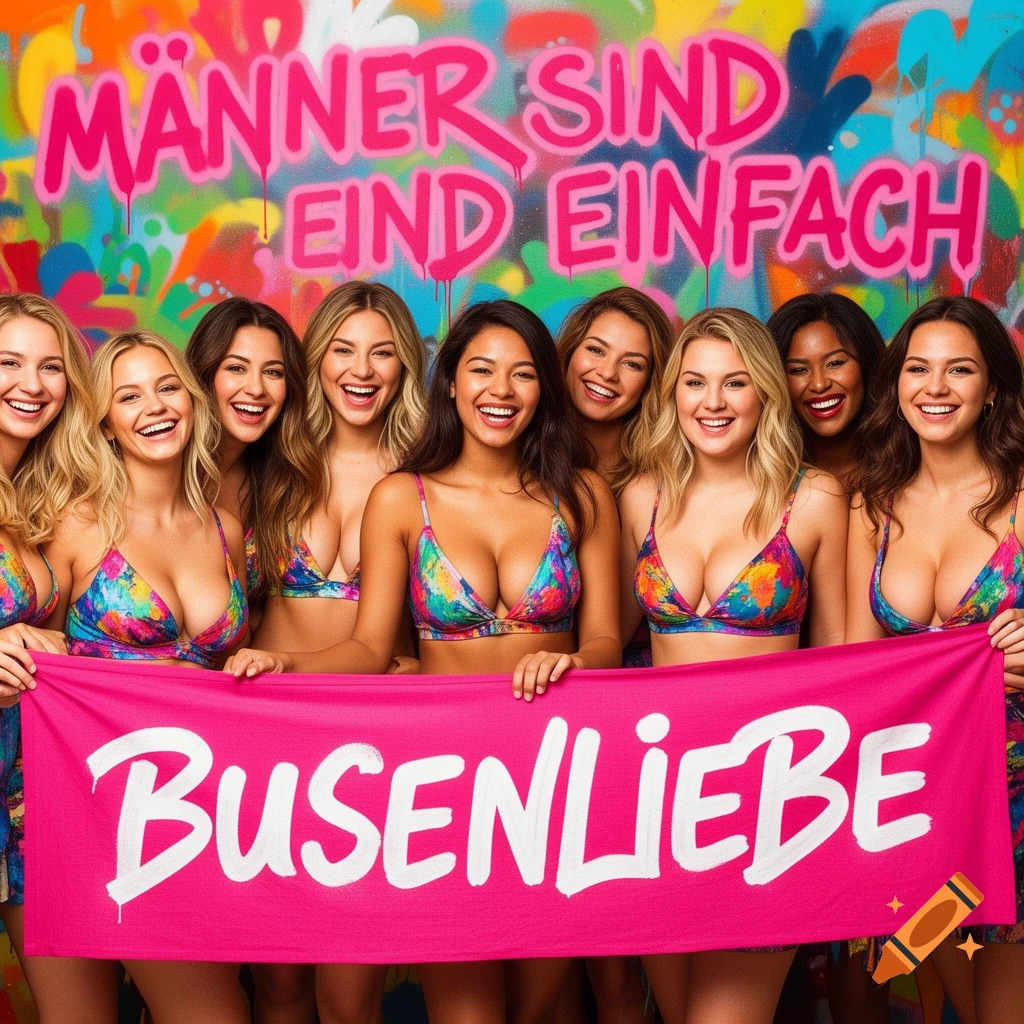 Eight smiling women in colorful bikini tops hold a pink banner reading "BUSENLIEBE" against a vibrant graffiti wall saying "MÄNNER SIND EINFACH".