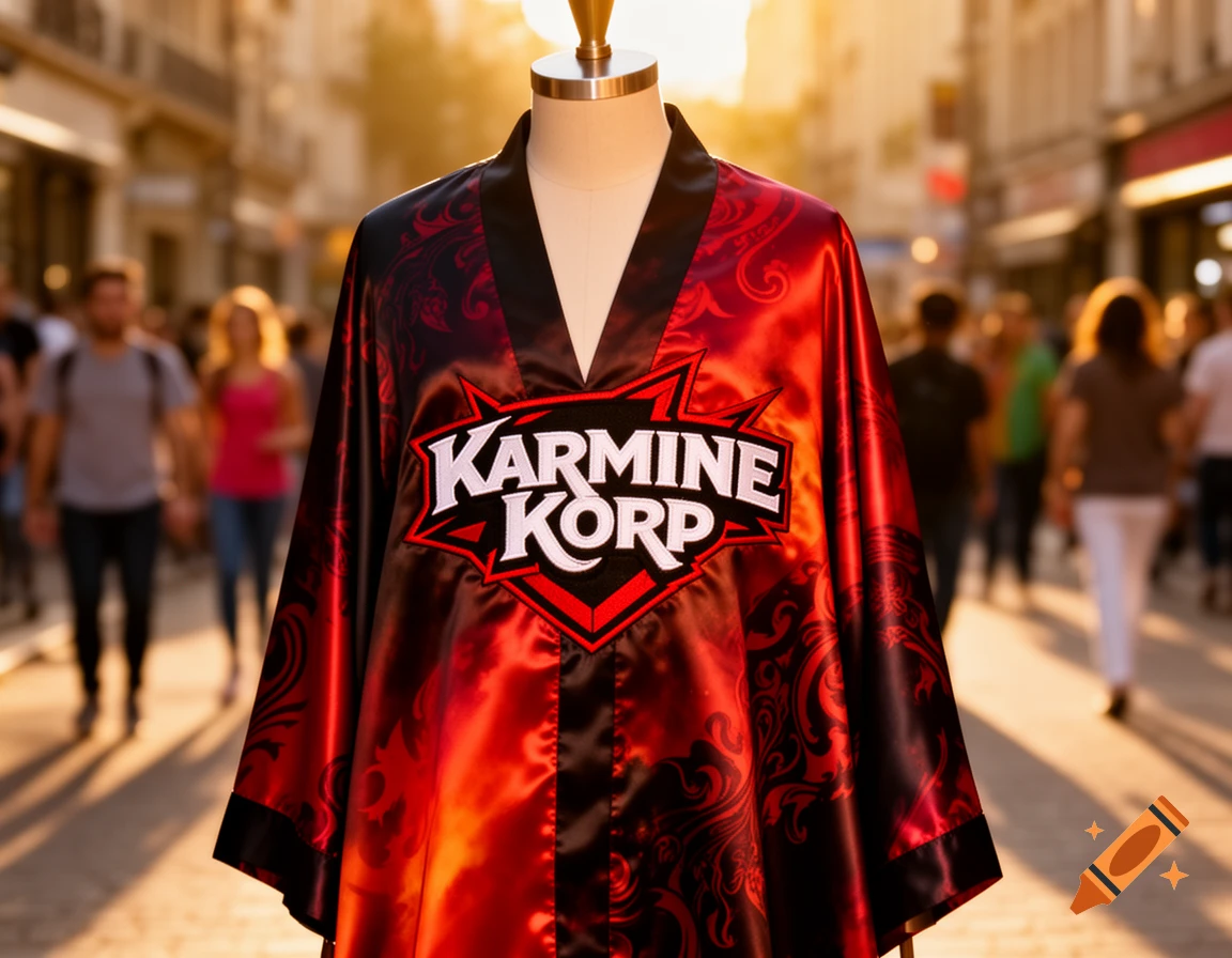 A red and black satin robe with "KARMINE KORP" logo displayed on a mannequin in a sunny, blurred street with people.