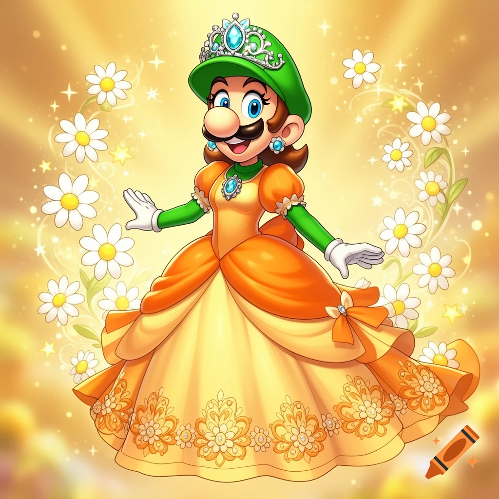 Anime art of Luigi in a flowing orange and yellow princess dress with a crown, smiling amidst sparkling daisies.