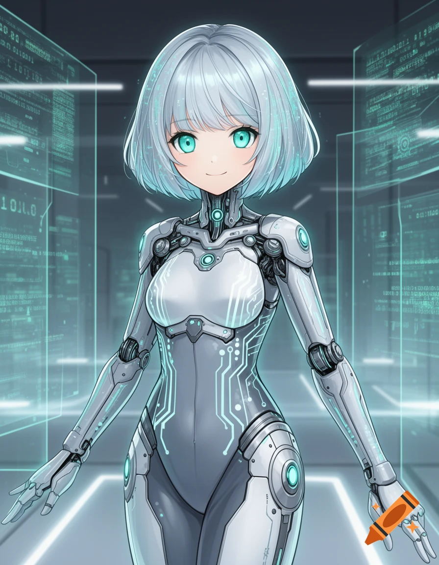 Anime-style robot girl with white hair and glowing blue eyes, standing in a futuristic data center with holographic screens.