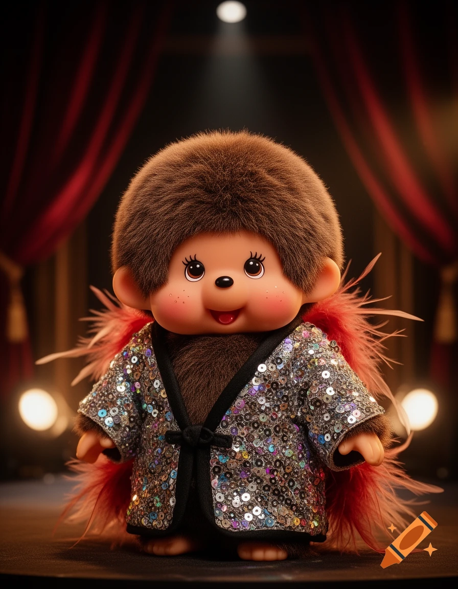 A fluffy brown Monchhichi doll in a sequin jacket and red feather boa stands on a stage with red curtains and spotlights.