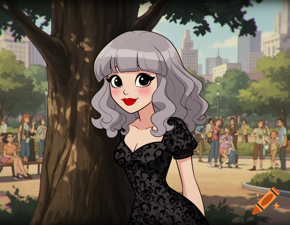 Anime illustration of a girl with light gray wavy hair and red lips, leaning against a tree in a park with a city skyline.