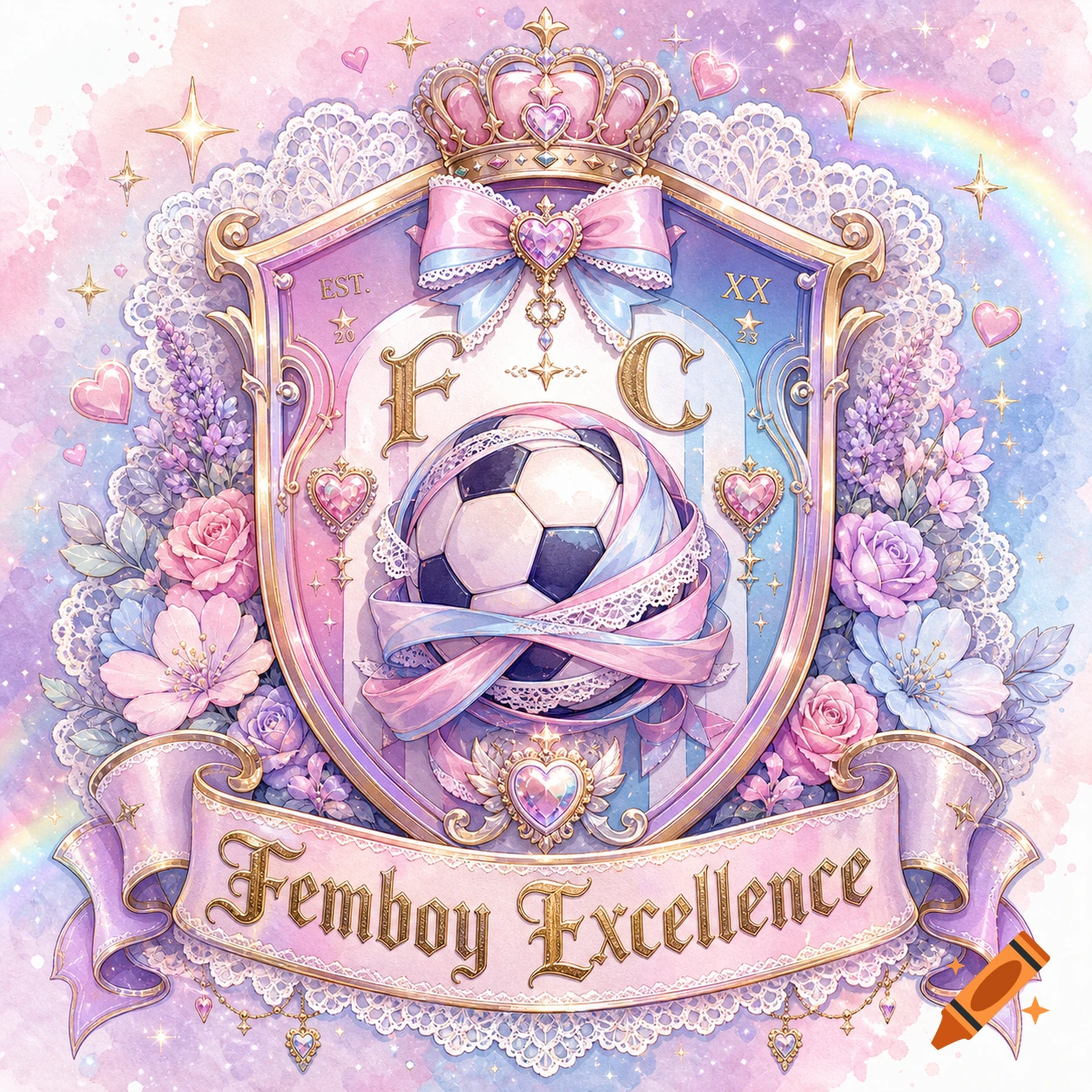 Whimsical watercolor crest featuring a soccer ball wrapped in pink and blue ribbons and lace, adorned with a crown, hearts, and flowers, against a pastel background with a rainbow. The banner reads 'Femboy Excellence'.