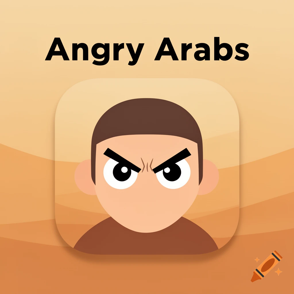 An app icon features a cartoon face of an angry person with furrowed brows, above the words "Angry Arabs" in bold black text, all set on a rounded square with a gradient orange background.