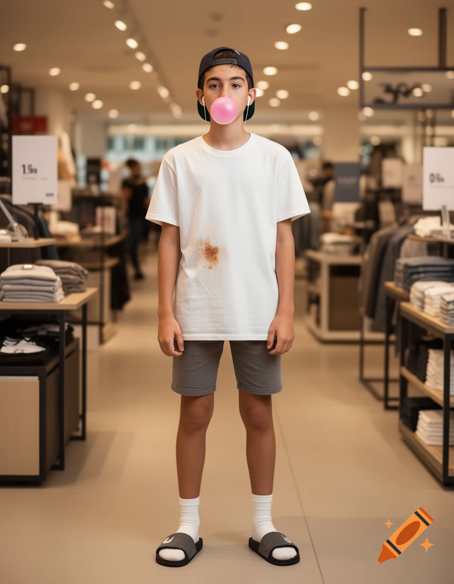A photorealistic image of a teenager blowing pink bubblegum, wearing a stained white t-shirt, gray shorts, backward cap, socks, and slides, standing in a clothing store.