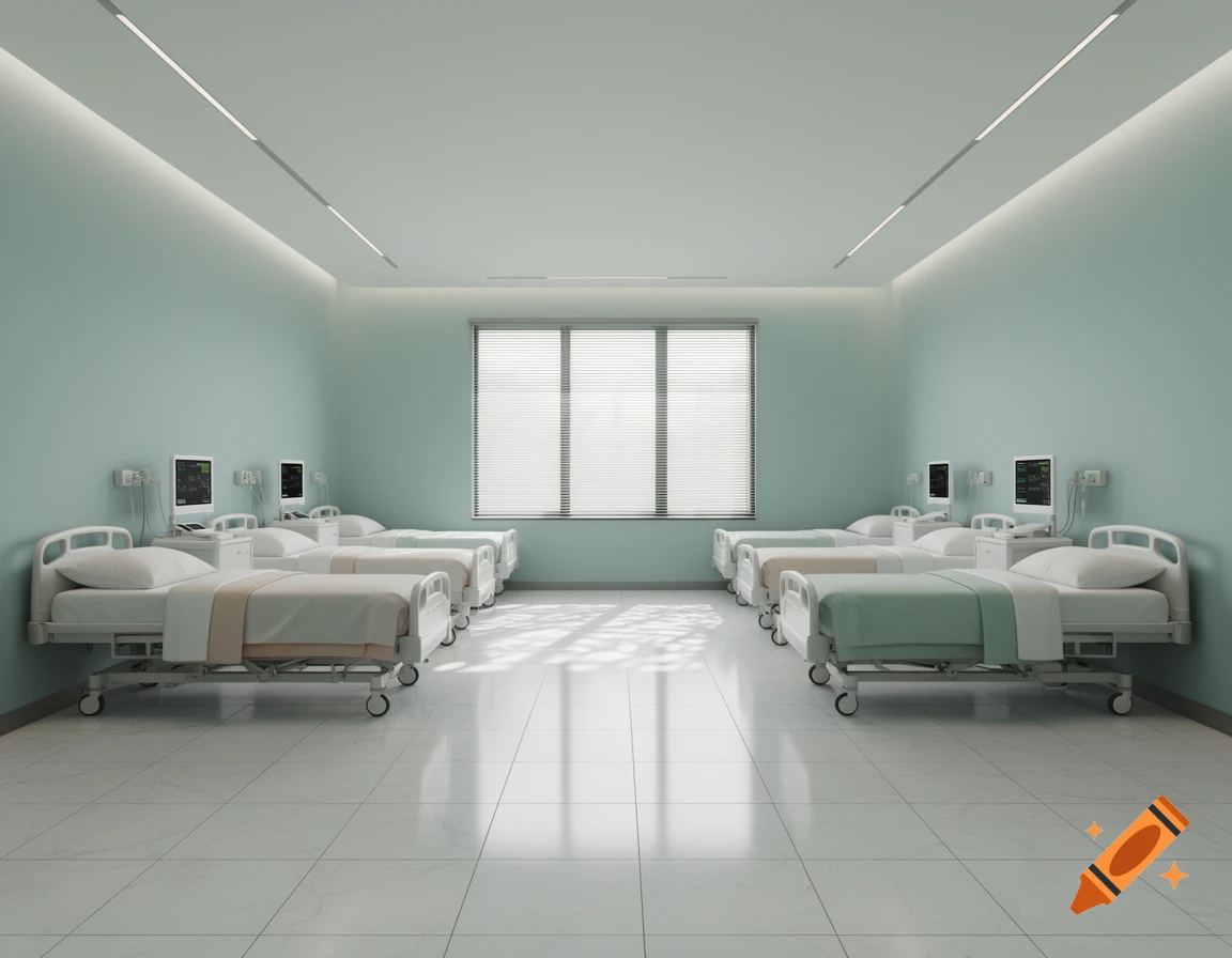 A sterile, light blue-green infirmary room with two rows of empty hospital beds, each with a medical monitor, facing a window with blinds.