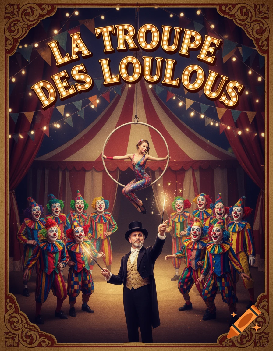 Vibrant illustration of a circus tent with an acrobat, a magician, and a group of colorful clowns. Text reads 'LA TROUPE DES LOULOUS'.