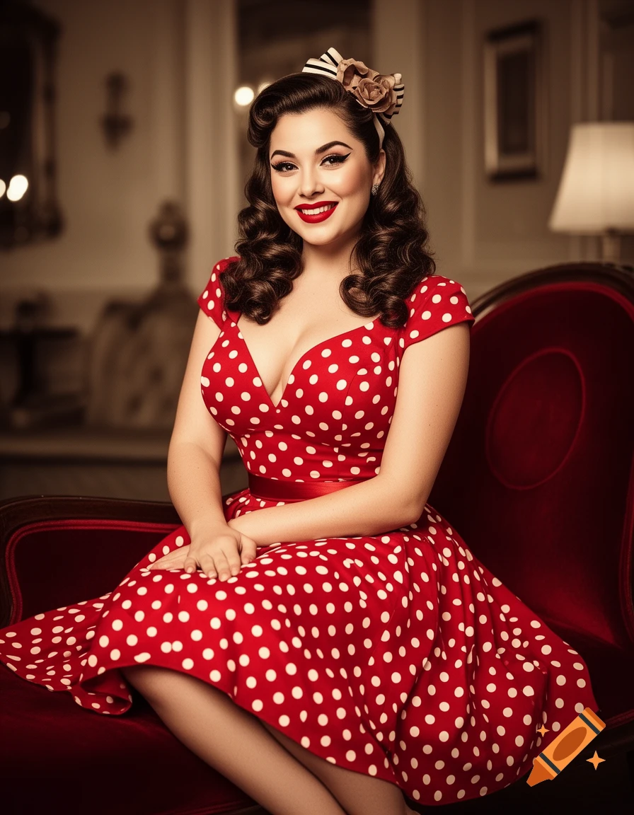 A smiling pin-up girl with dark curly hair and red lipstick wears a red polka dot dress, sitting on a red velvet chair in a vintage setting.