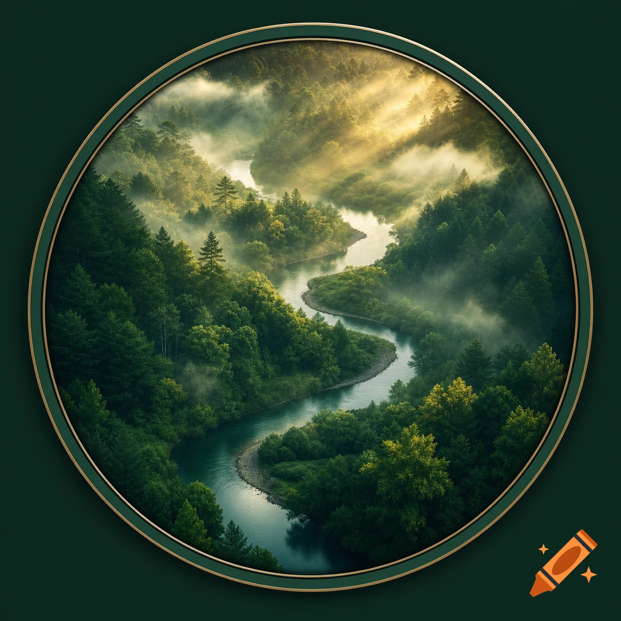 Aerial view of a winding river through a misty green forest with sun rays, framed in a gold-rimmed circle, photorealistic.