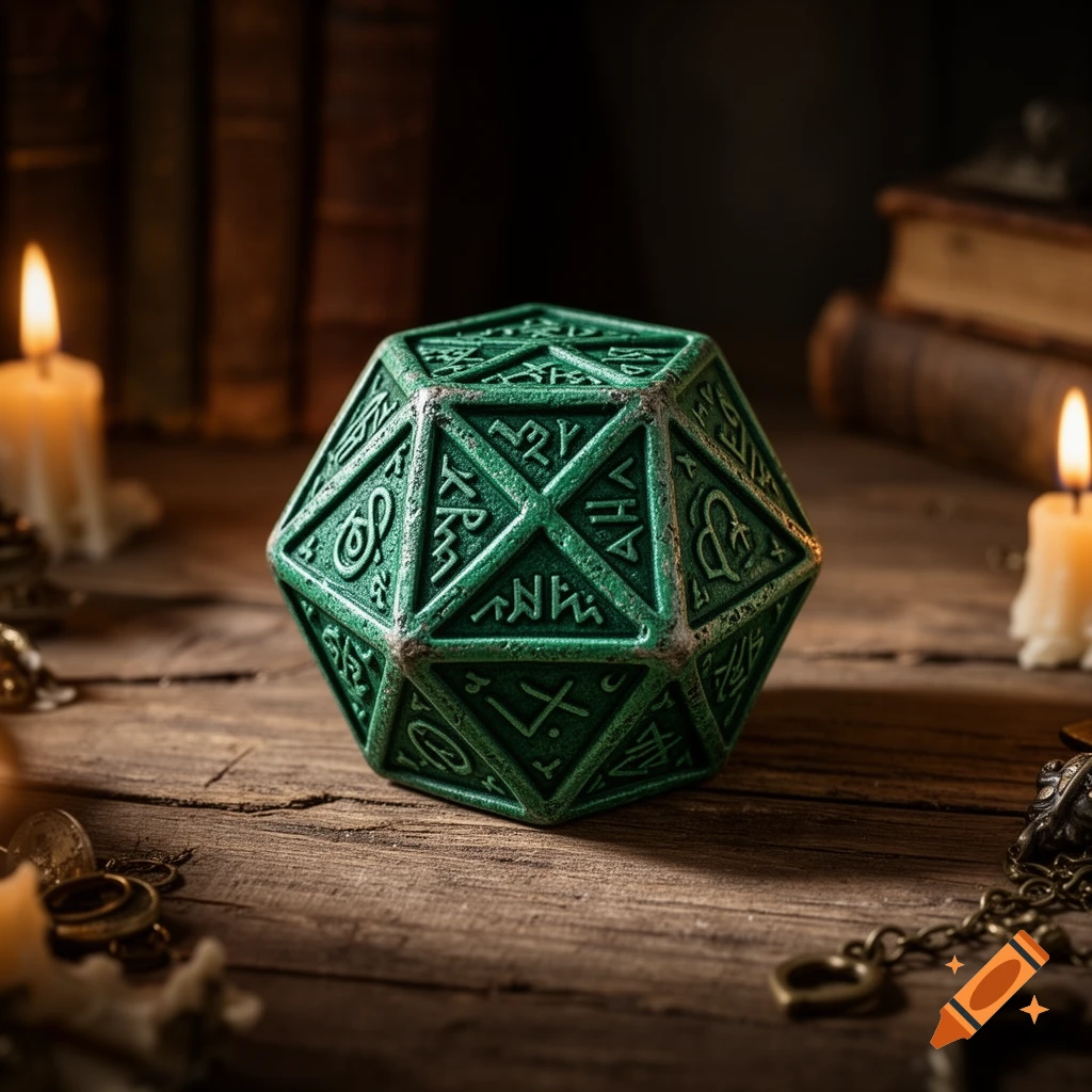 A detailed green 20-sided die with engraved fantasy runes sits on a wooden table, flanked by lit candles and old books in a dim, atmospheric setting.