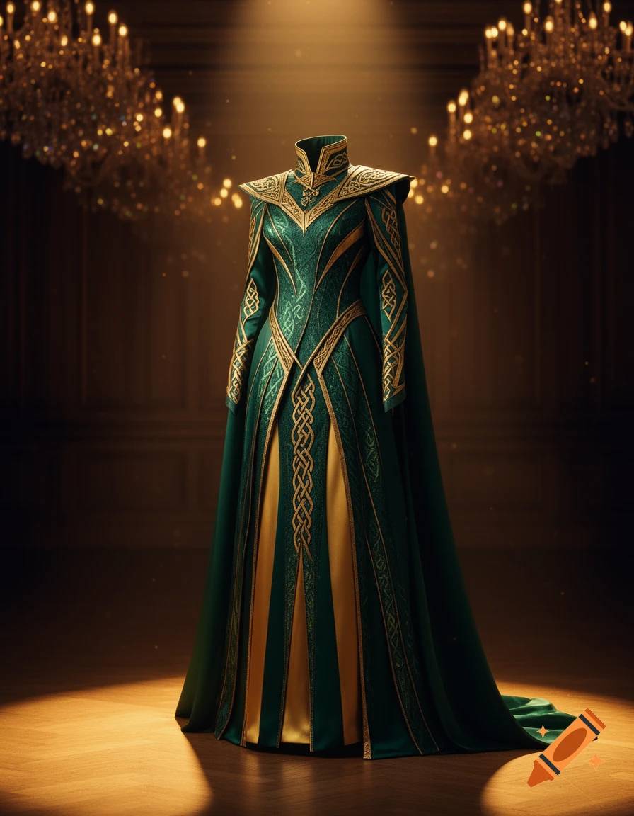 An ornate green and gold fantasy gown with intricate Celtic-inspired patterns, spotlighted in a grand ballroom with chandeliers.