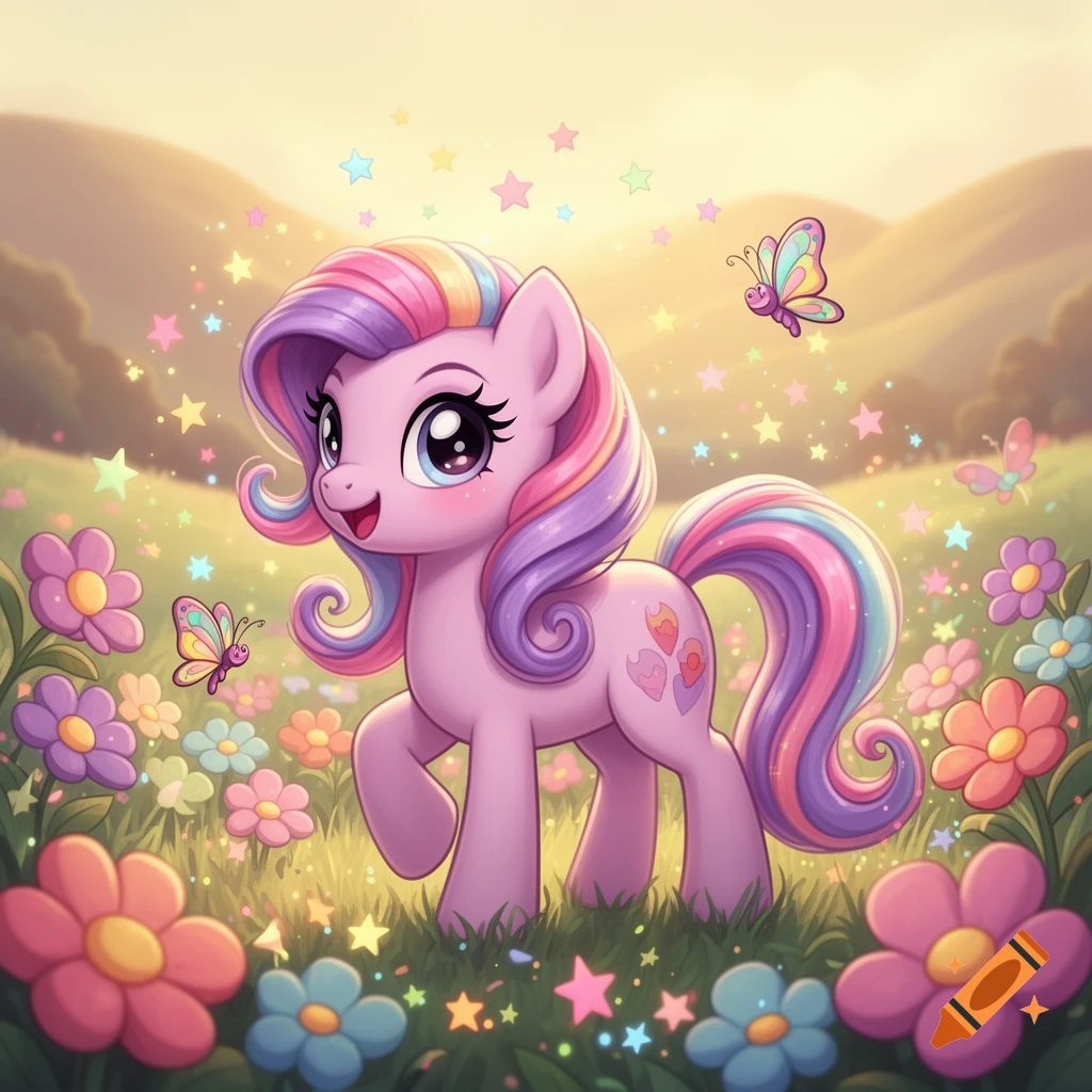 A cute pink cartoon pony with a rainbow mane and tail stands in a field of colorful flowers with butterflies and sparkling stars.
