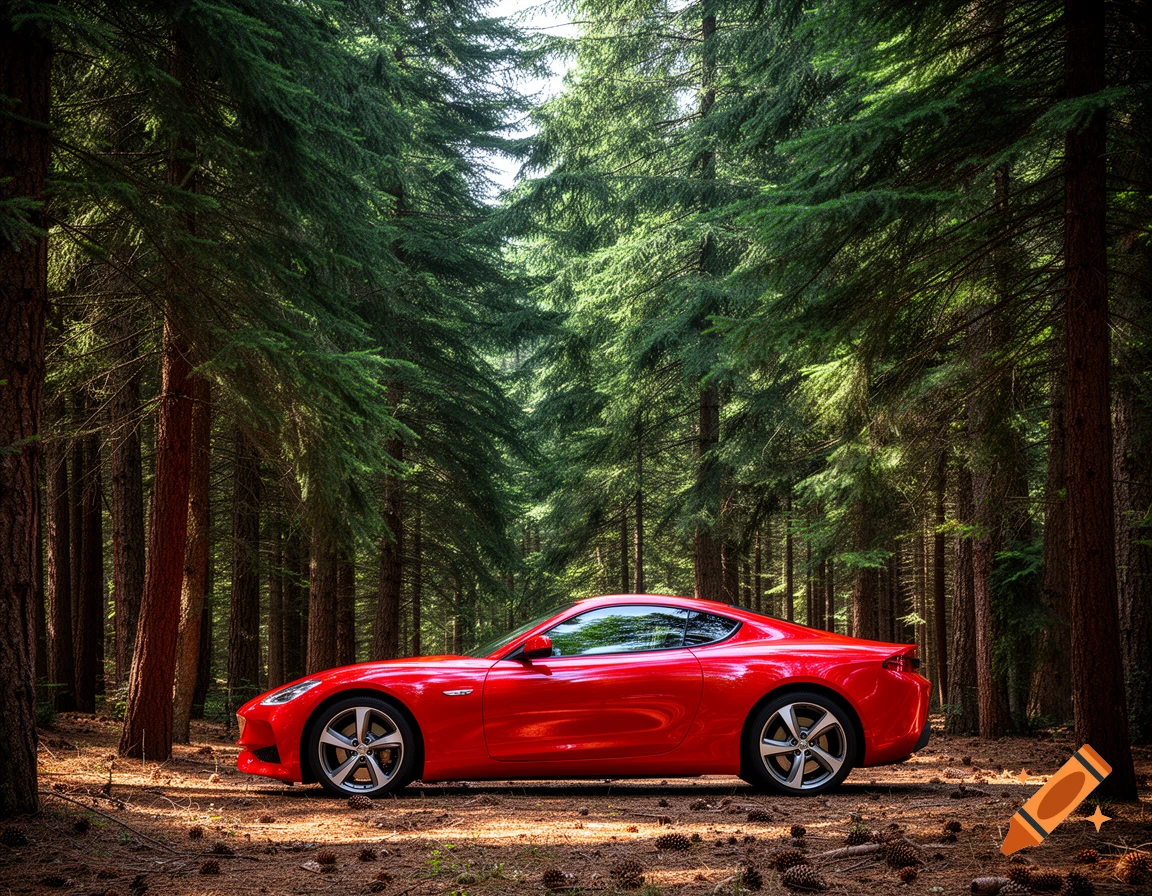 A sleek red sports car parked on a forest floor covered with pine needles and cones, surrounded by tall pine trees.