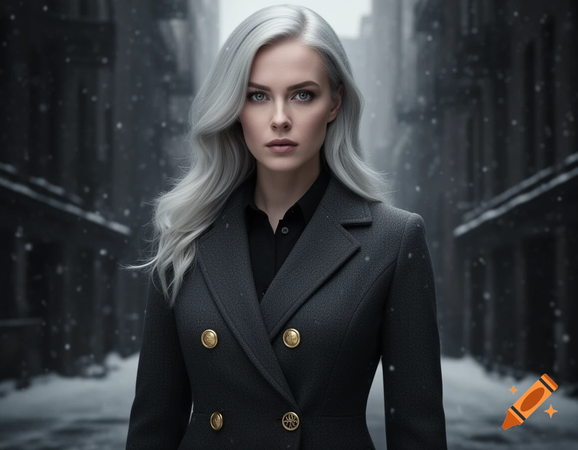 A photorealistic portrait of a serious woman with silver-blonde hair in a dark coat, standing in a snowy urban street.