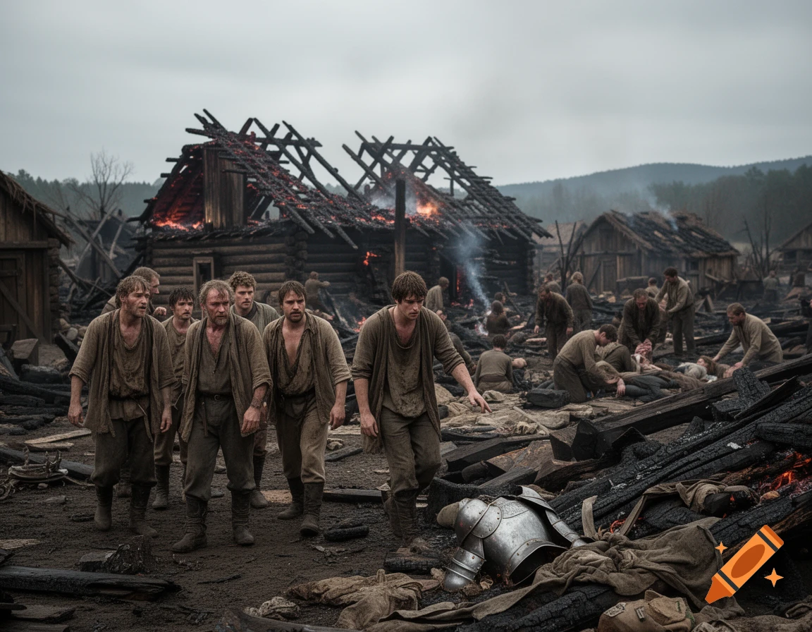 Villagers walk through a devastated, burning medieval-style village strewn with debris, tending to injured amidst smoldering ruins and fallen armor.