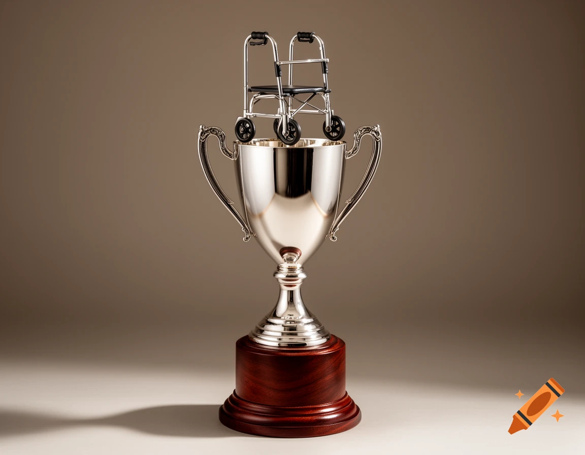 A shiny silver trophy with a miniature folding walker placed on top, against a warm brown background.