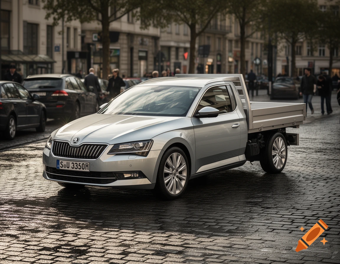 A silver Skoda Superb car converted into a pickup truck, parked on a wet cobblestone street in a European city.