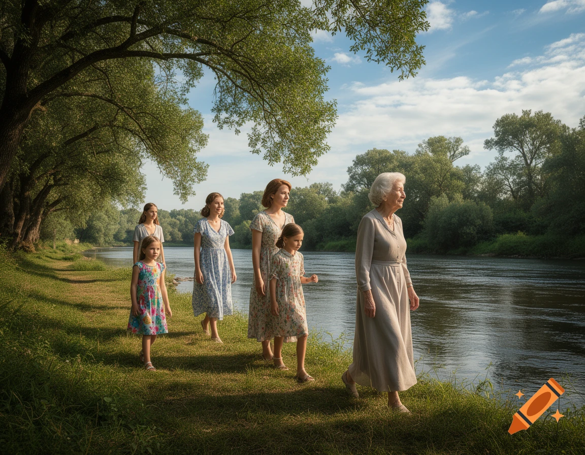 A group of women and girls of varying ages walk along a grassy riverbank under the shade of trees on a sunny day.
