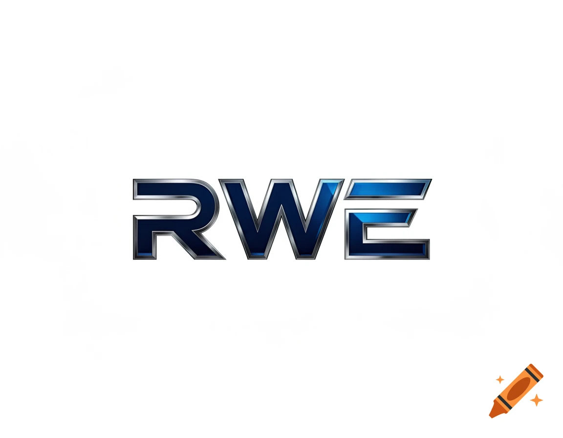 Metallic blue stylized letters RWE on a white background.