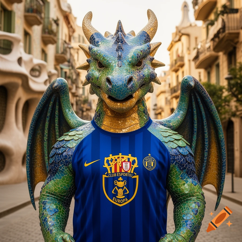 A green and blue mosaic Gaudí dragon mascot wearing a blue striped soccer jersey, standing in a city street with unique architecture.