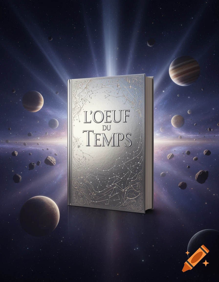 A silver book with the title "L'Oeuf du Temps" stands in the center of a cosmic scene, surrounded by planets, asteroids, and stars.
