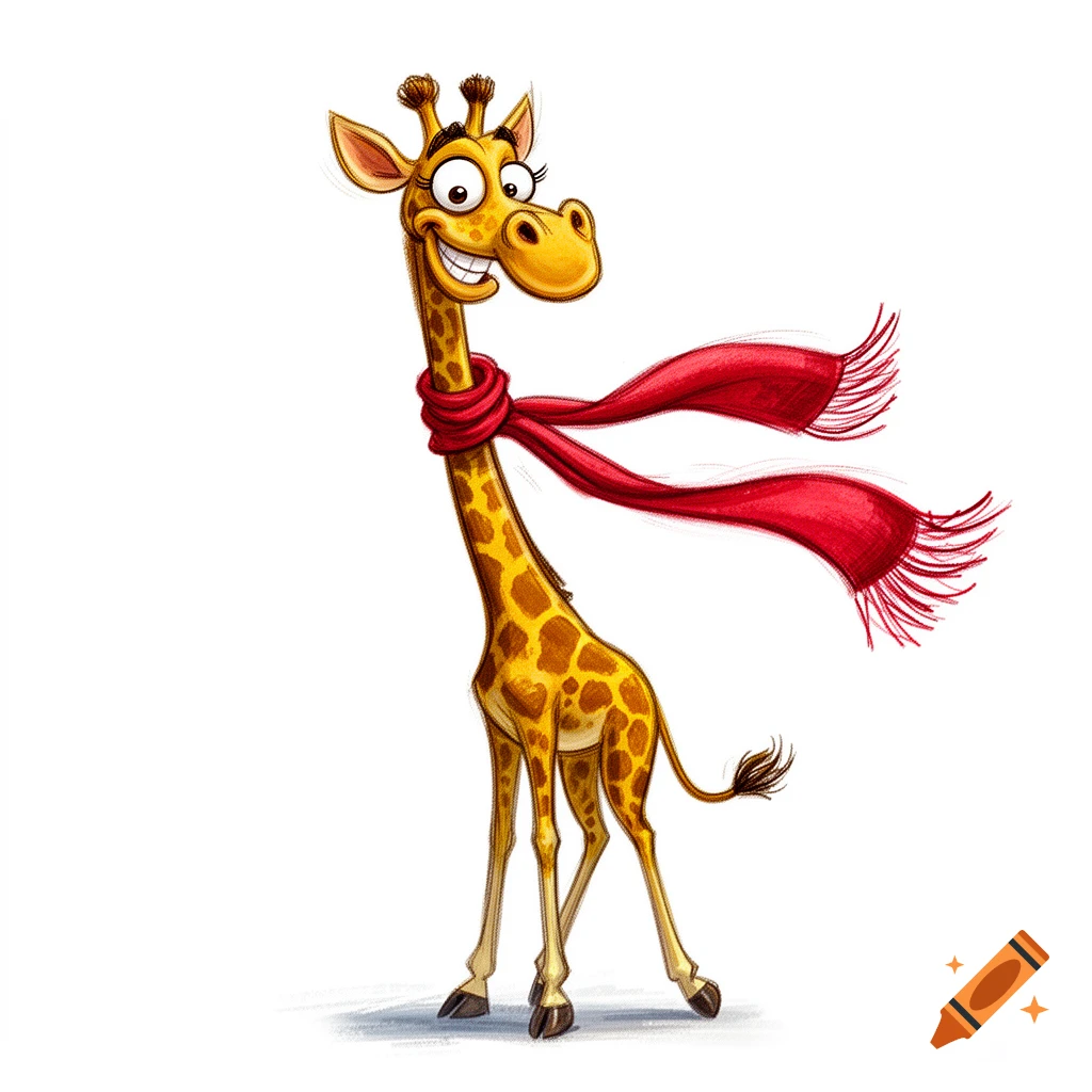 A crazy cartoon illustration of a smiling giraffe wearing a red scarf, standing against a white background.
