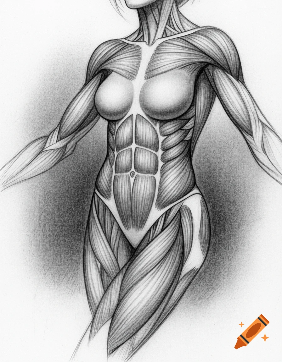 Detailed pencil drawing of a female torso showcasing muscular anatomy, abs, and chest in an artistic study.