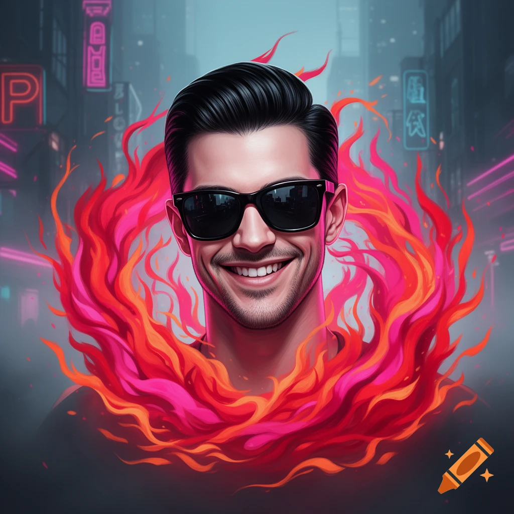 Smiling man in sunglasses with dark hair surrounded by vibrant red and pink flames in a neon city setting, digital art.