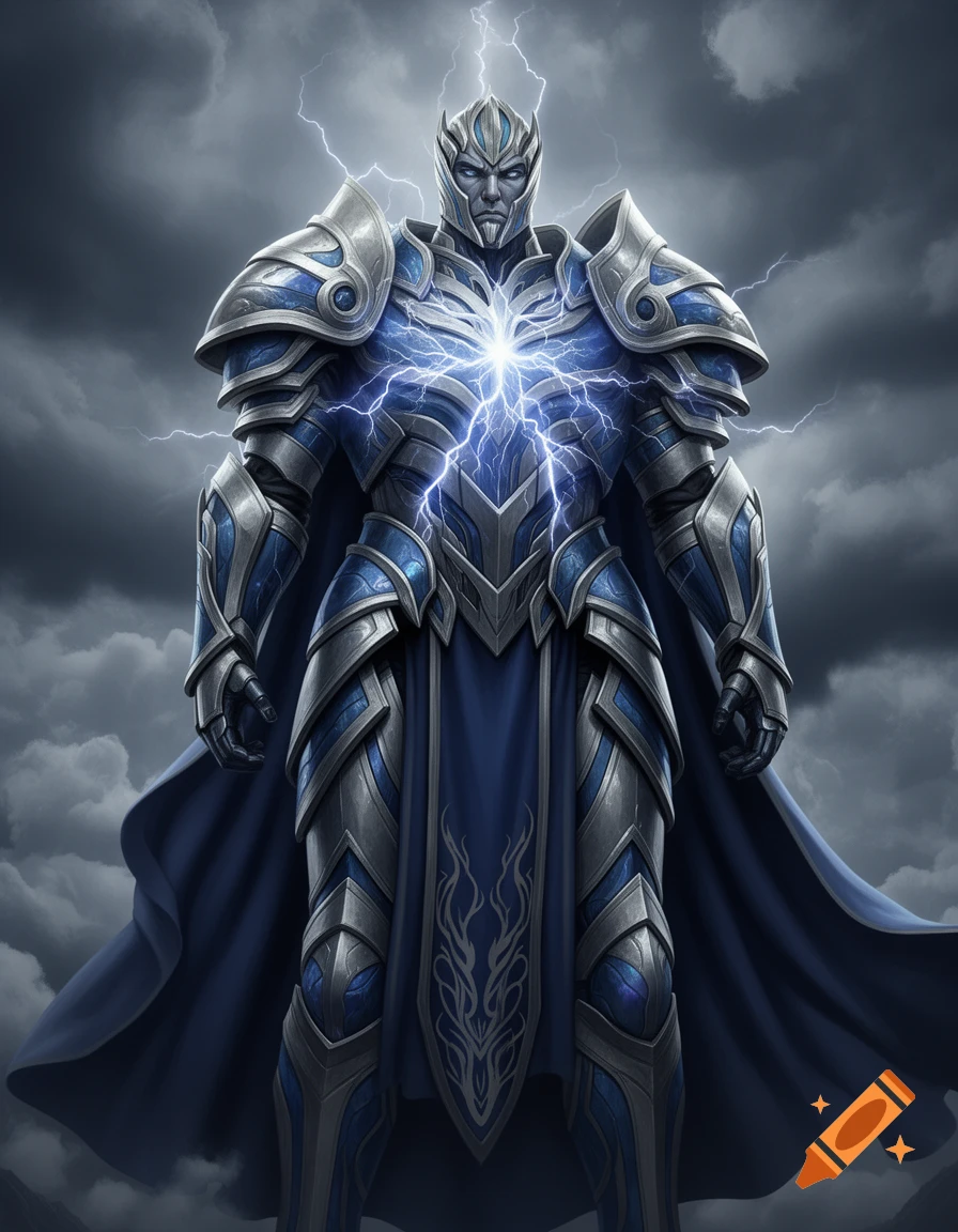 A massive armored figure in silver and deep blue armor with glowing lightning on its chest and a long battle cape, standing against a stormy sky.