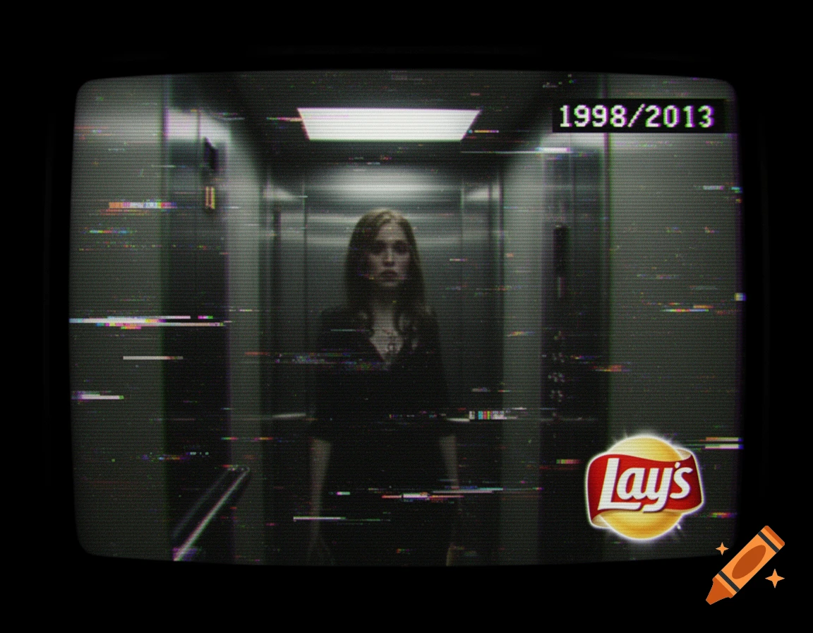 A woman stands in a dimly lit elevator, viewed through a glitched, grainy TV screen with "1998/2013" and a Lay's logo.