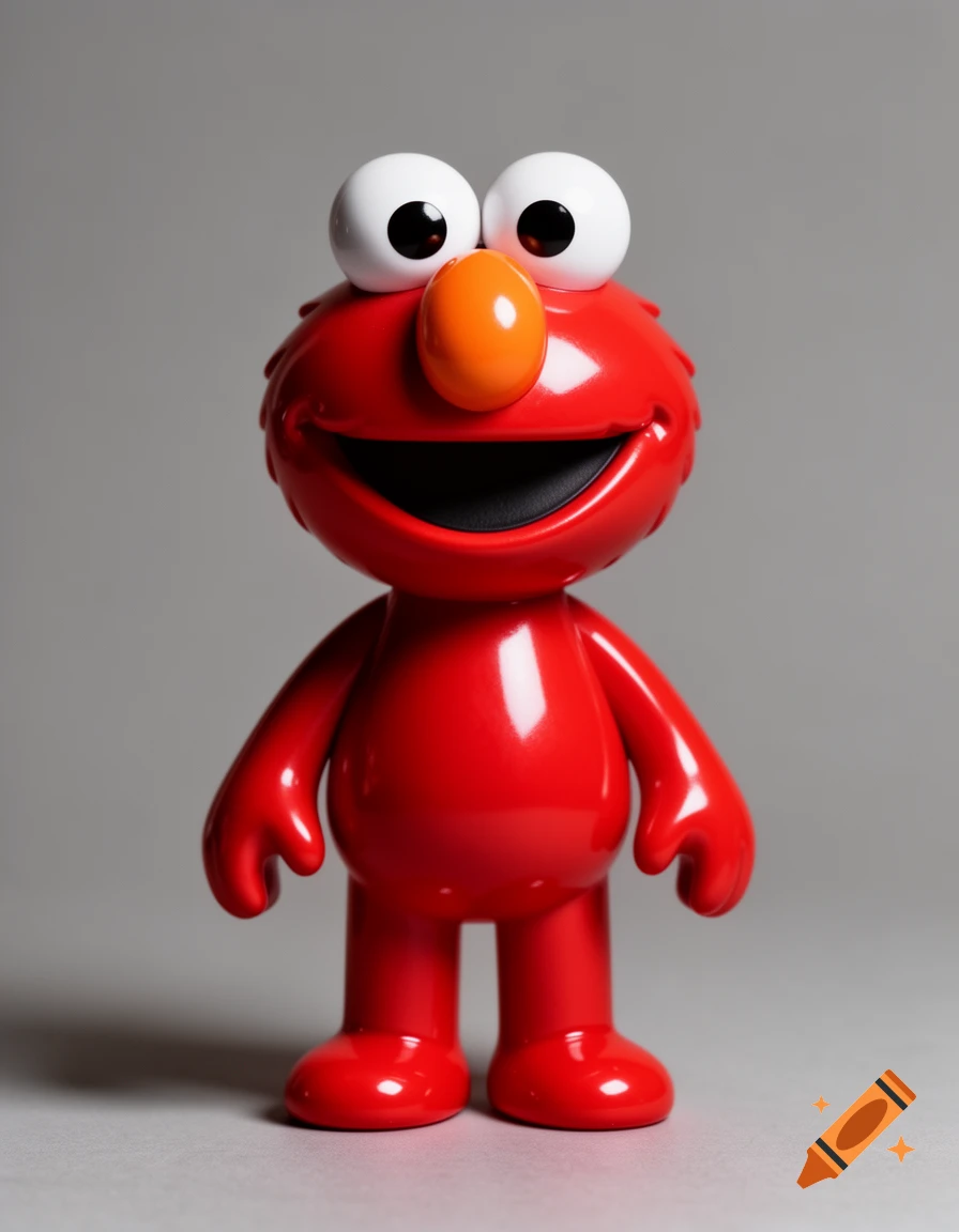 A shiny, red, furless Elmo toy figure with large white eyes and an orange nose stands on a grey background.