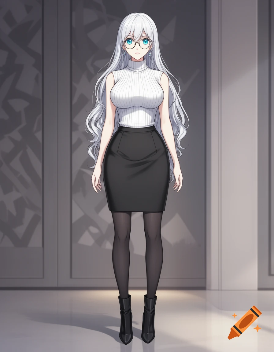An anime woman with long white hair, blue eyes, glasses, wearing a white ribbed sweater, black pencil skirt, and boots.