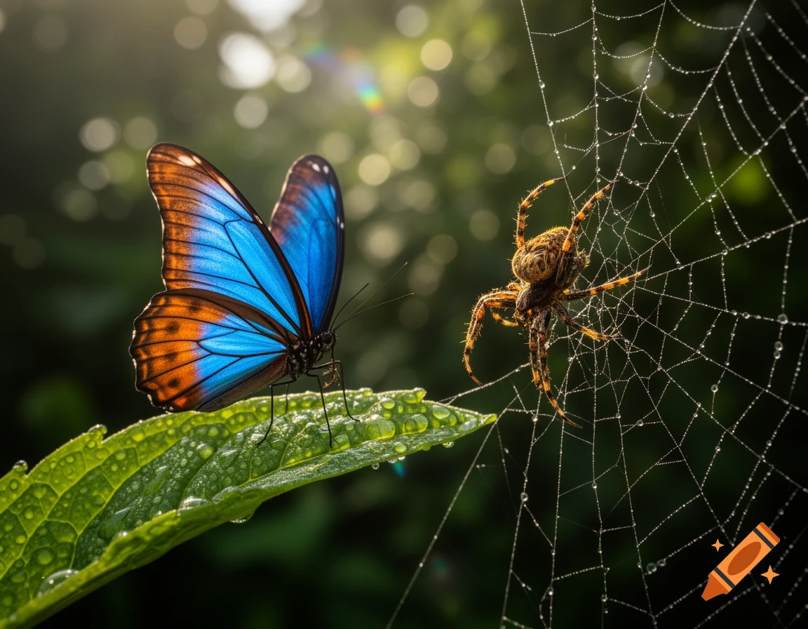 A vibrant blue and orange butterfly rests on a dewy green leaf, facing a spider on its web with glistening water droplets.