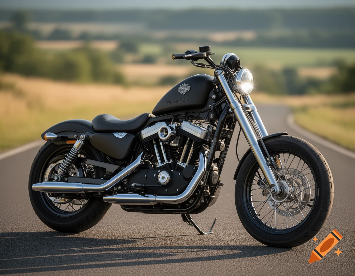 A black Harley-Davidson motorcycle parked on an asphalt road with a blurred rural landscape of fields and trees in the background.