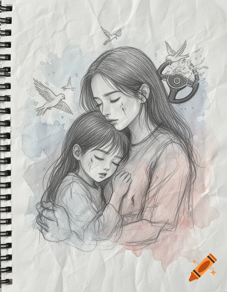 Pencil sketch of a crying woman embracing a child on crumpled paper, with watercolor washes. Birds fly from a dissolving steering wheel.