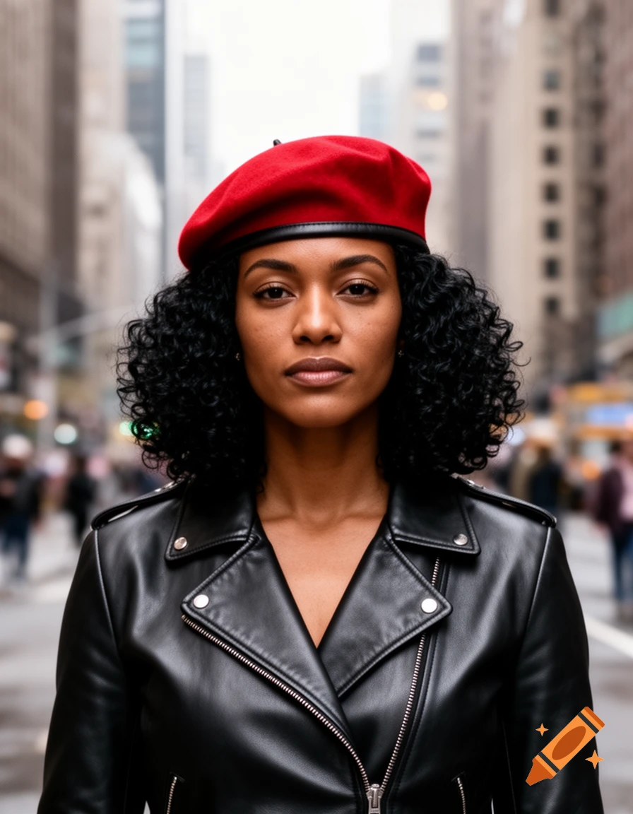 A young woman with curly hair wearing a red beret and a black leather jacket stands in a city street.