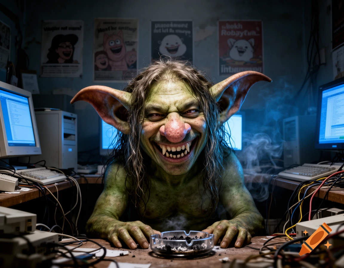 Photorealistic green-skinned troll with sharp teeth and long hair smiles sinisterly, sitting at a messy desk with old computers.