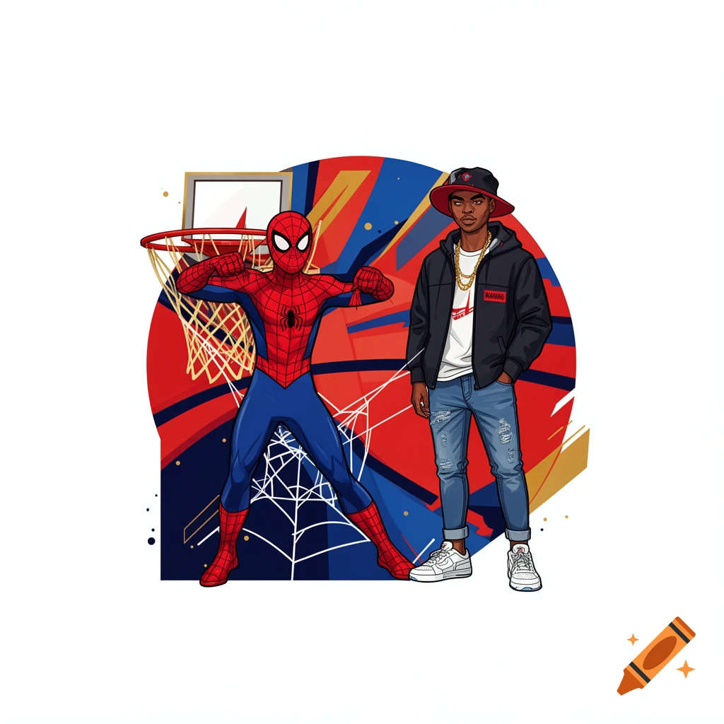 Spider-Man flexing next to a stylish male character in a hoodie, jeans, and a hat, with a basketball hoop and abstract background.