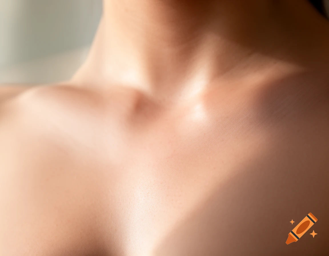 Close-up of a person's bare chest, collarbone, and upper décolletage with soft lighting, photorealistic.