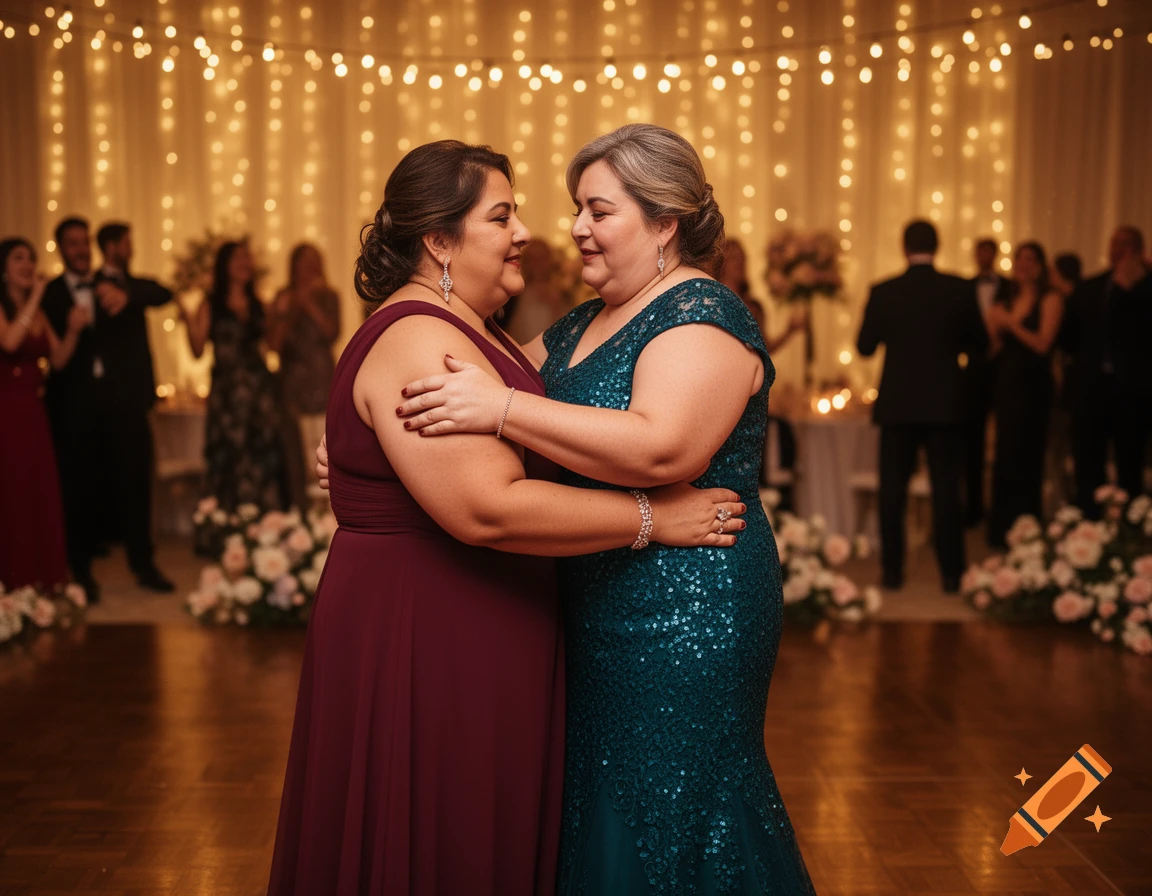 Two plus-size women in formal wear embrace and dance at a photorealistic evening party decorated with string lights.