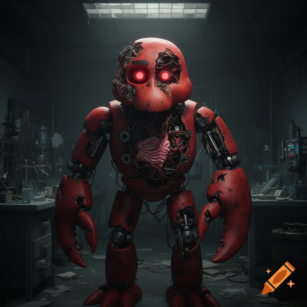 A creepy, damaged red animatronic lobster robot with glowing red eyes and exposed internal wiring stands in a dark laboratory.