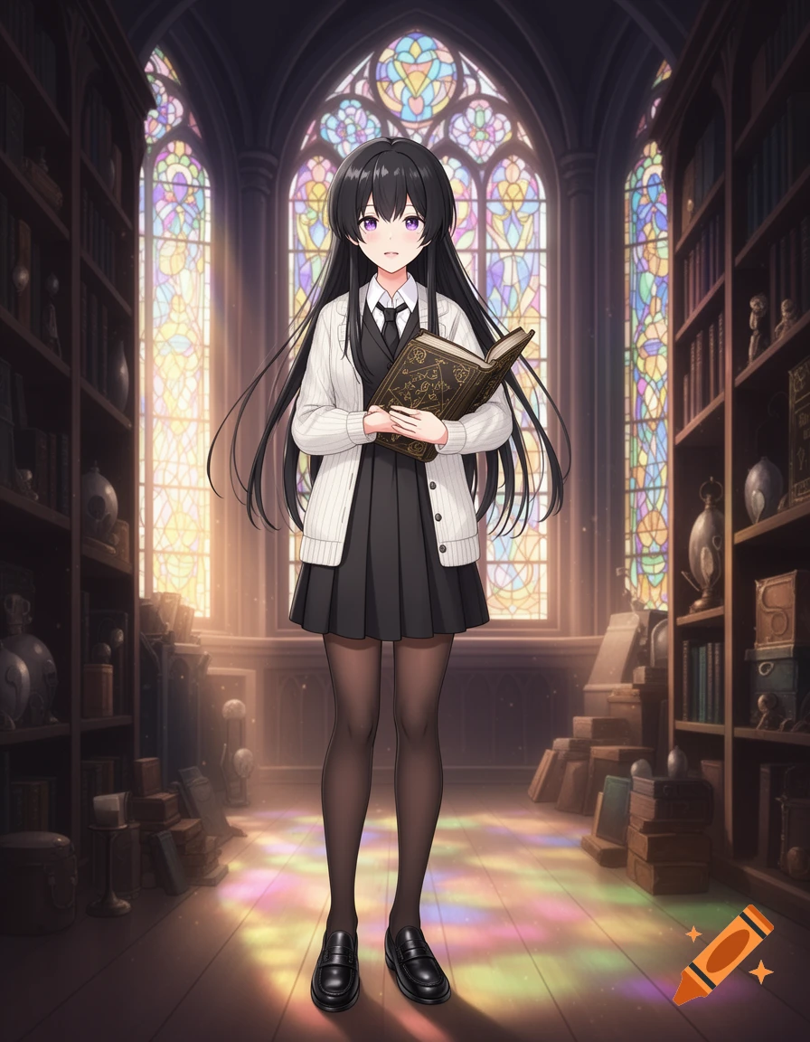 An anime girl with long black hair, purple eyes, wearing a white cardigan and black dress, holding a book in a magical library with stained glass windows.