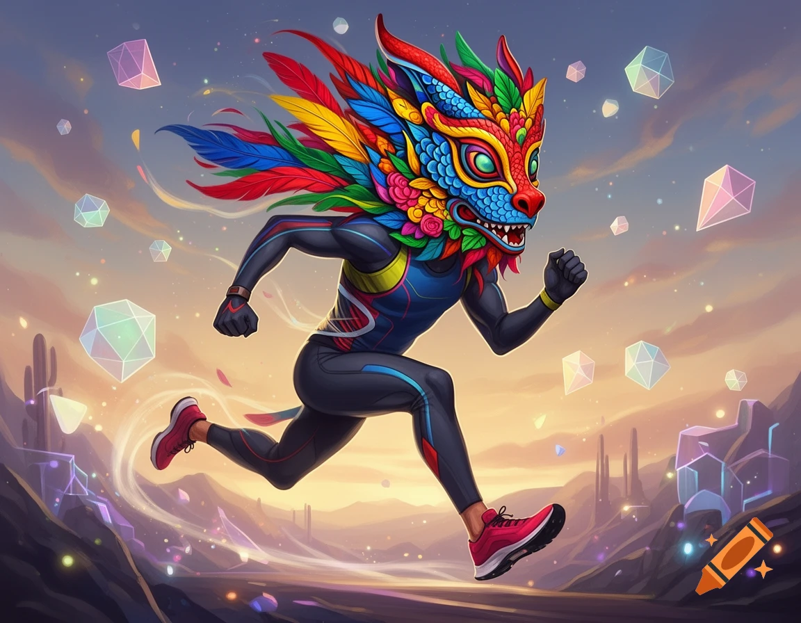 Vibrant digital art of a runner in full stride, wearing a colorful alebrije mask, in a surreal landscape with floating geometric shapes.